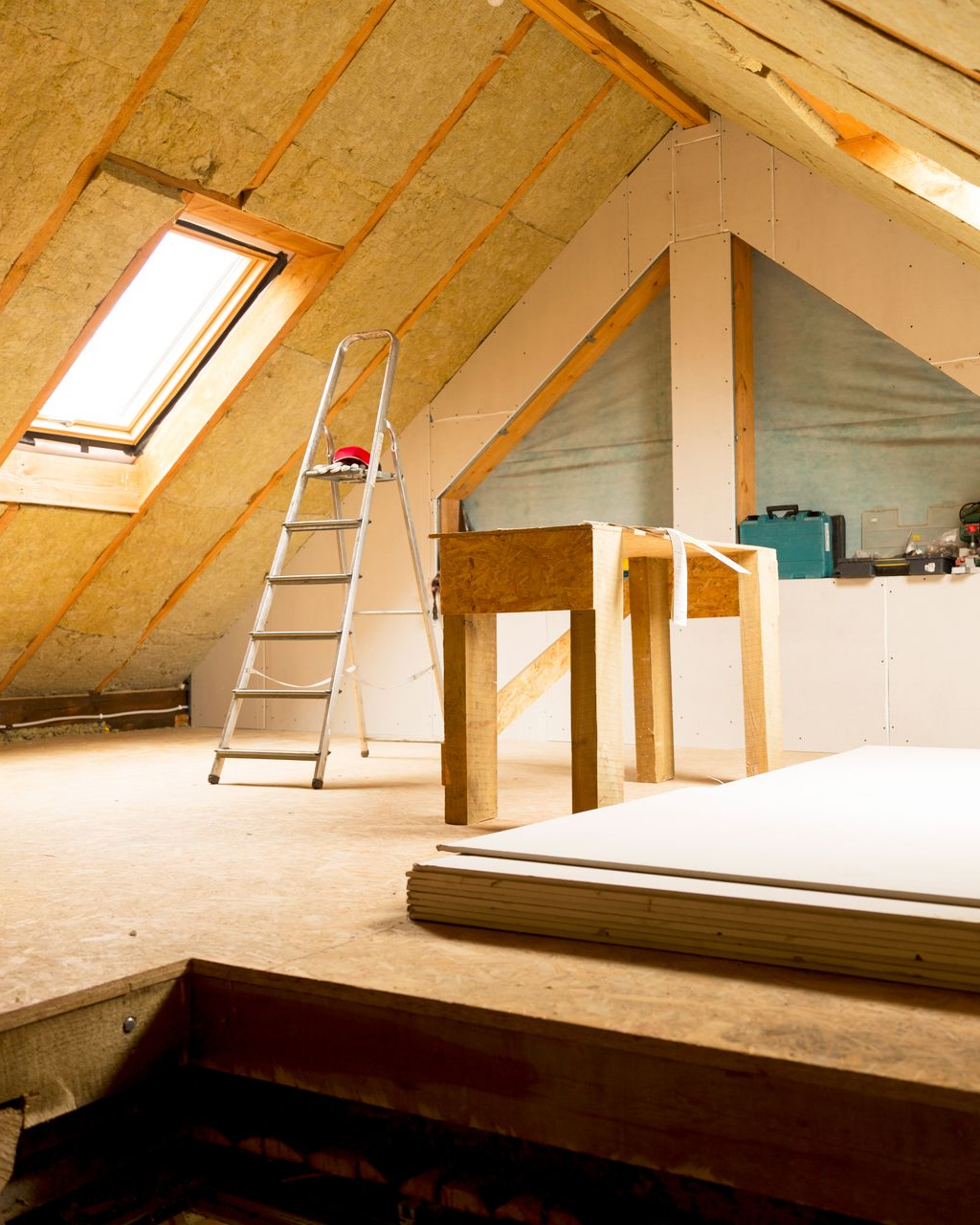 Grenier isolé, avec puits de lumière, échelle et matériaux de construction.