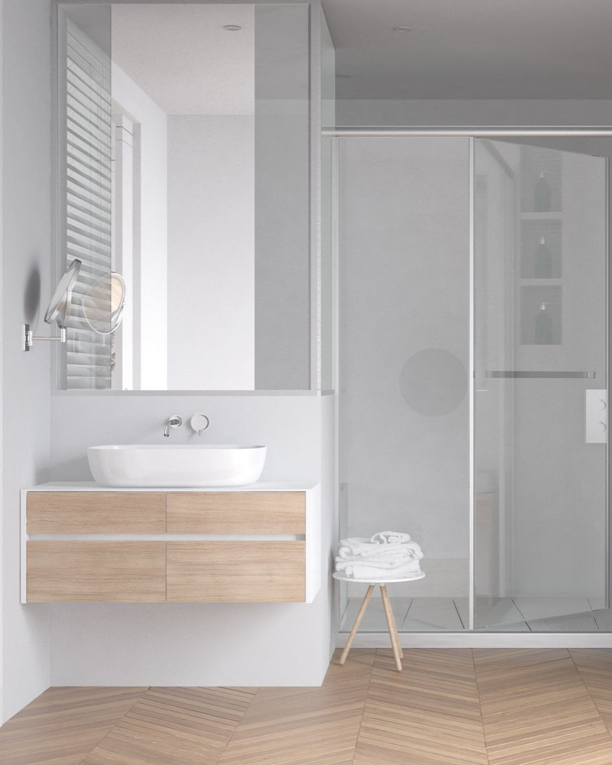 Salle de bains moderne avec meubles en bois, vasque, grand miroir, douche en verre et petit tabouret.