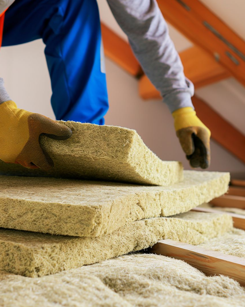 Une personne installe de l'isolant dans un grenier, portant des gants et des vêtements de travail bleus.