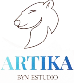 Dibujo lineal de la cabeza de un oso sobre la palabra "ARTIKA" en degradado azul, "BYN ESTUDIO" debajo.