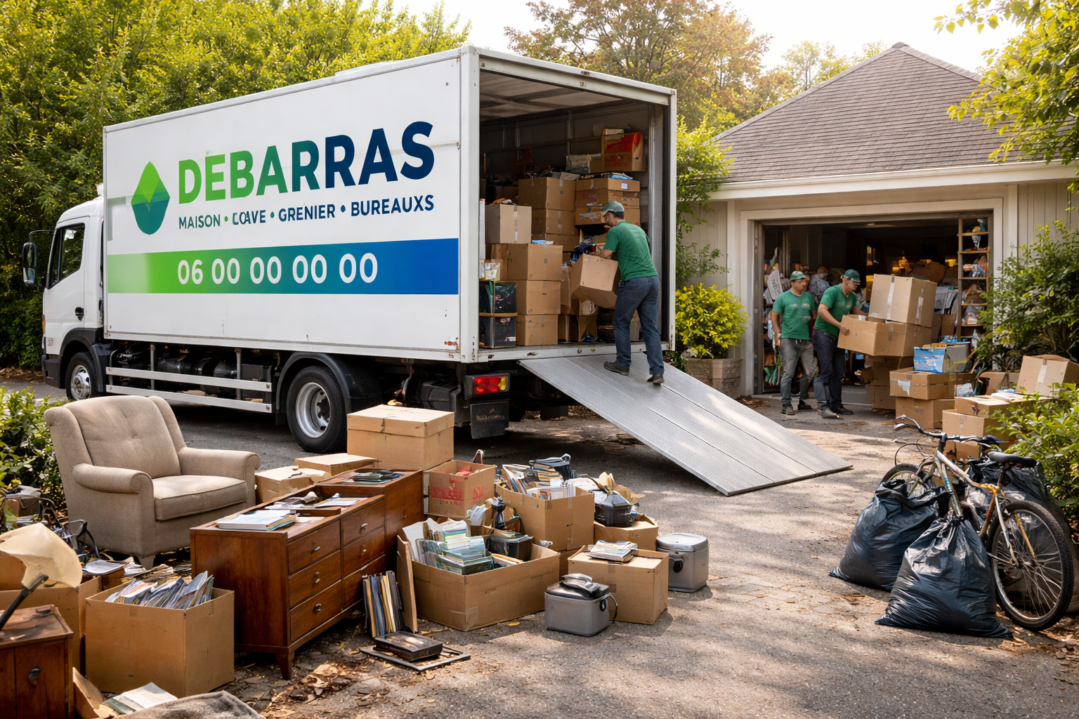 Petite voiture argentée tirant une remorque avec un châssis de voiture dans une rue encombrée et humide.