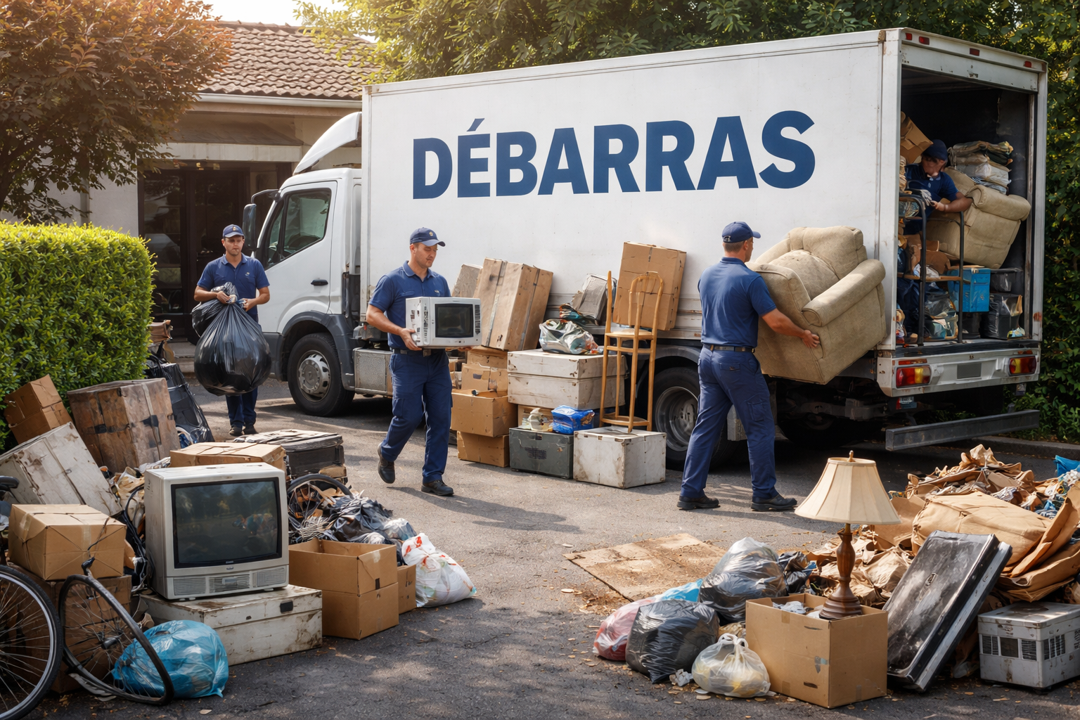 Une remorque chargée de ferraille et d'objets divers, fixée avec des sangles orange.