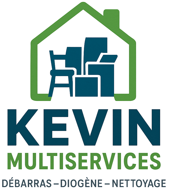 Logo pour « Kevin Multiservices », avec un contour de maison verte sur des boîtes bleues.