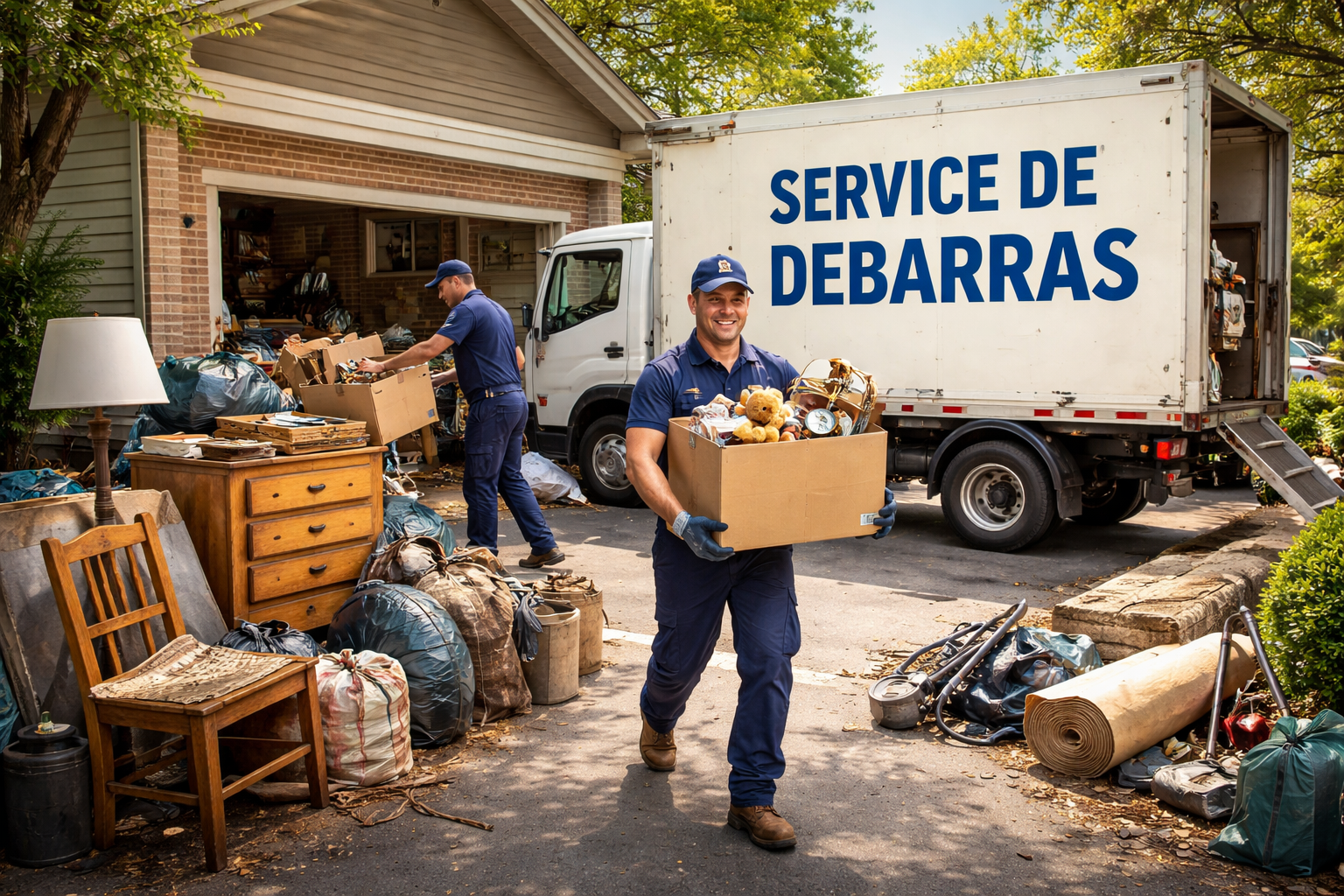 Une remorque chargée de ferraille et d'objets divers, fixée avec des sangles orange.