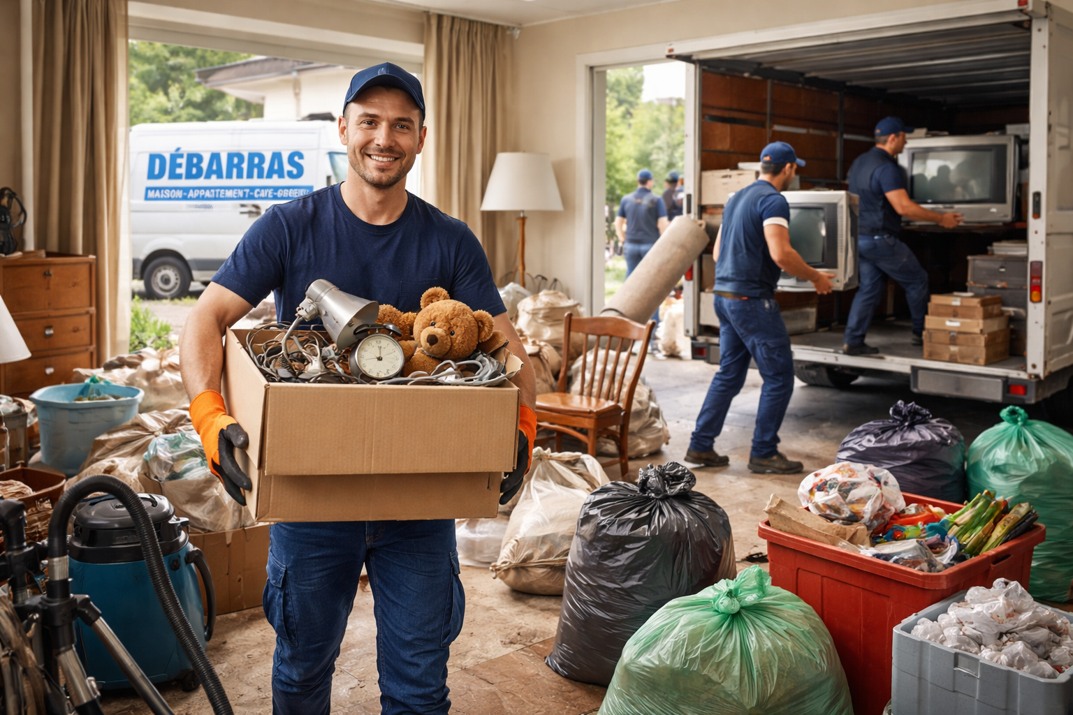 Une voiture bleu clair à deux portes, endommagée à l'avant, se trouve sur une remorque, fixée avec des sangles orange.