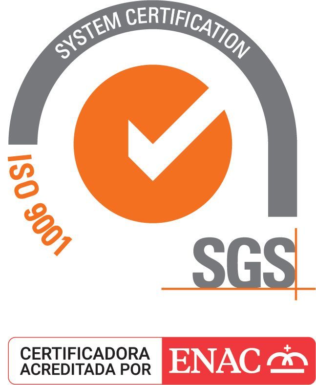 Logotipo de certificación SGS ISO 9001 con marca de verificación naranja y acreditación ENAC.