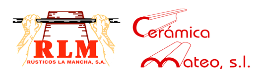 Logotipo de R&uacute;sticos La Mancha, SA que muestra unas manos estilizadas sosteniendo un arco con estampado de ladrillos sobre las letras rojas y llamativas "RLM".