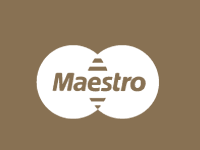 Logotipo de Maestro con dos círculos blancos unidos y fondo marrón. El texto dice