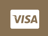 Logotipo de Visa sobre fondo marrón. Texto de Visa en blanco dentro de un rectángulo redondeado blanco.