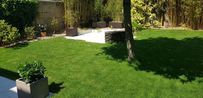 Un jardin moderne avec une pelouse verte.