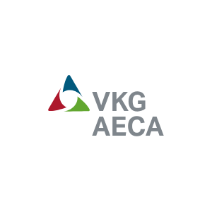 Logo der VKG AECA mit einem blauen, roten und grünen Dreieck und dem grauen Text „VKG AECA“.