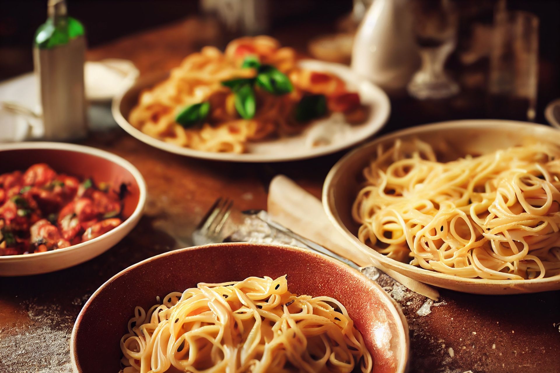 Hay muchos tipos diferentes de pasta en la mesa.