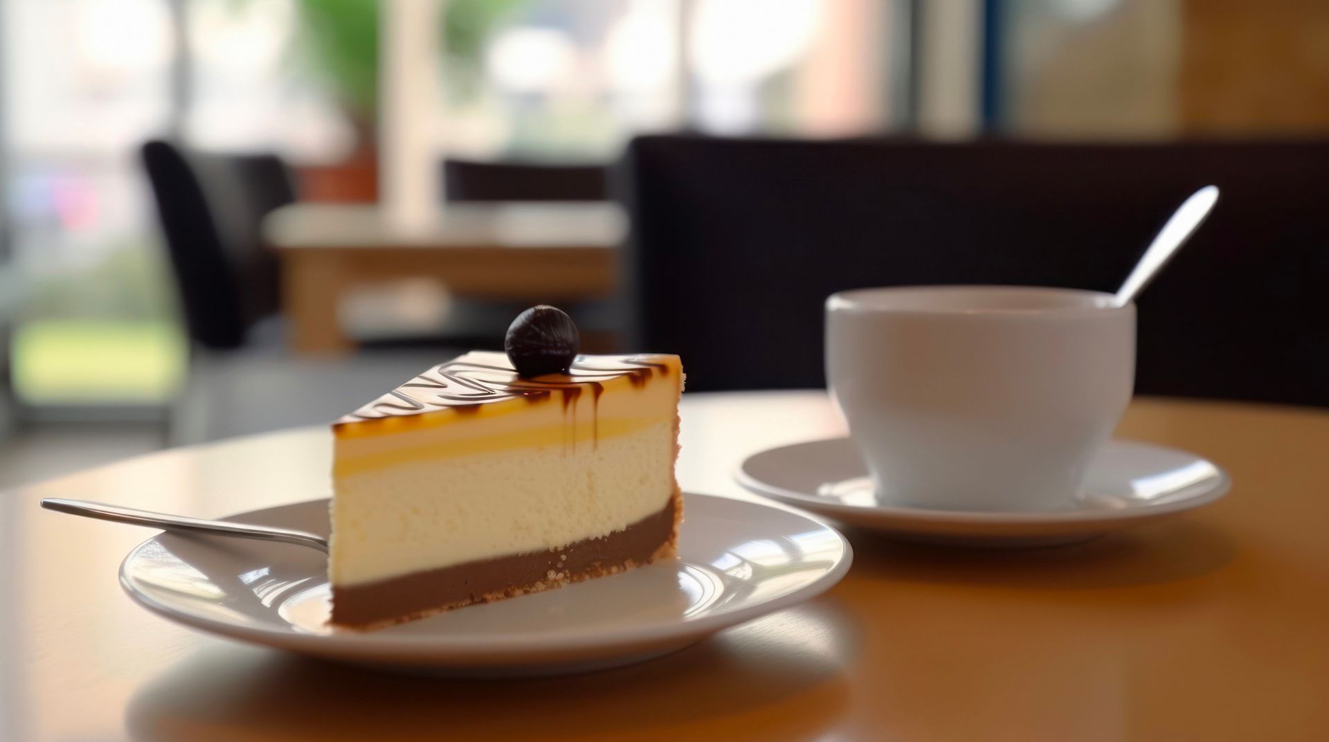En un plato hay una rebanada de tarta de queso junto a una taza de café.