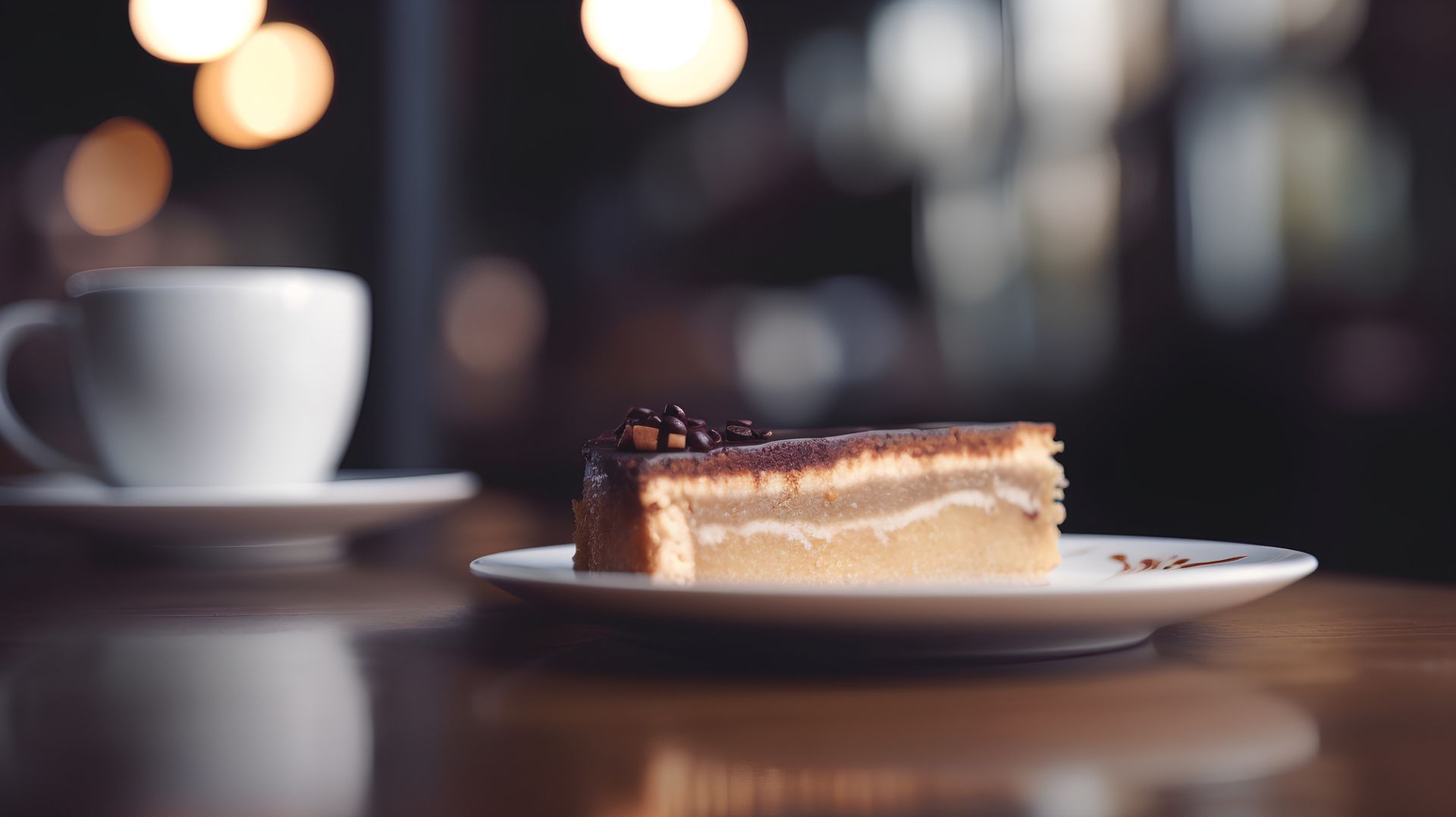 Hay una rebanada de pastel en un plato al lado de una taza de café.
