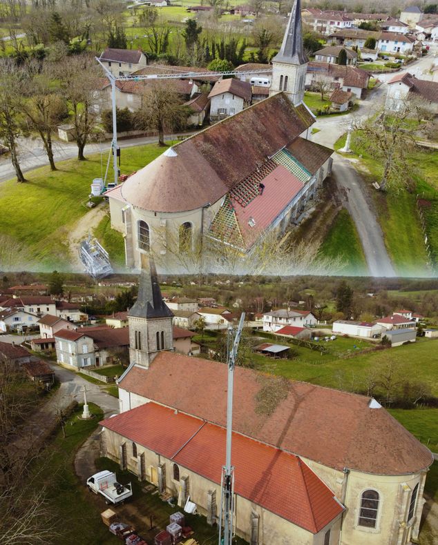 Un avant/après d'une rénovation partielle de toiture sur une église.