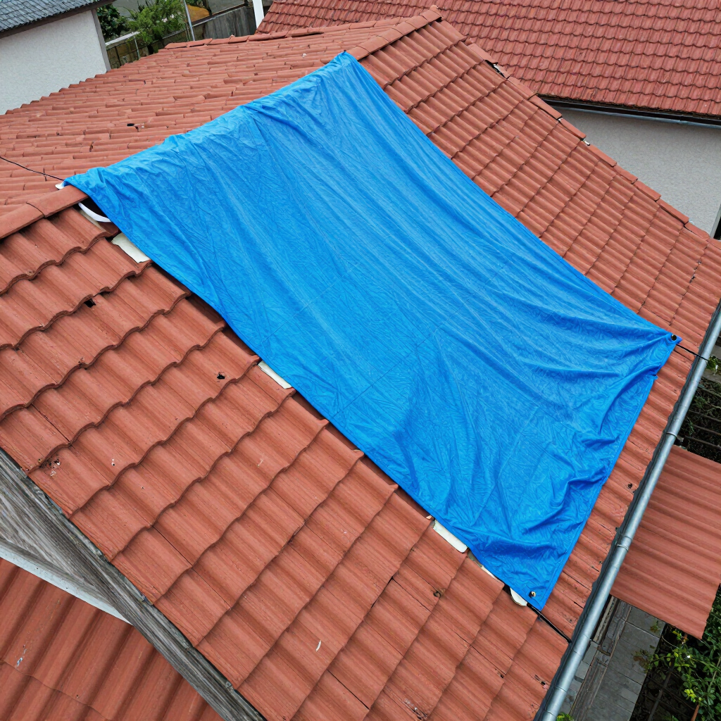Une bâche de protection sur un toit.