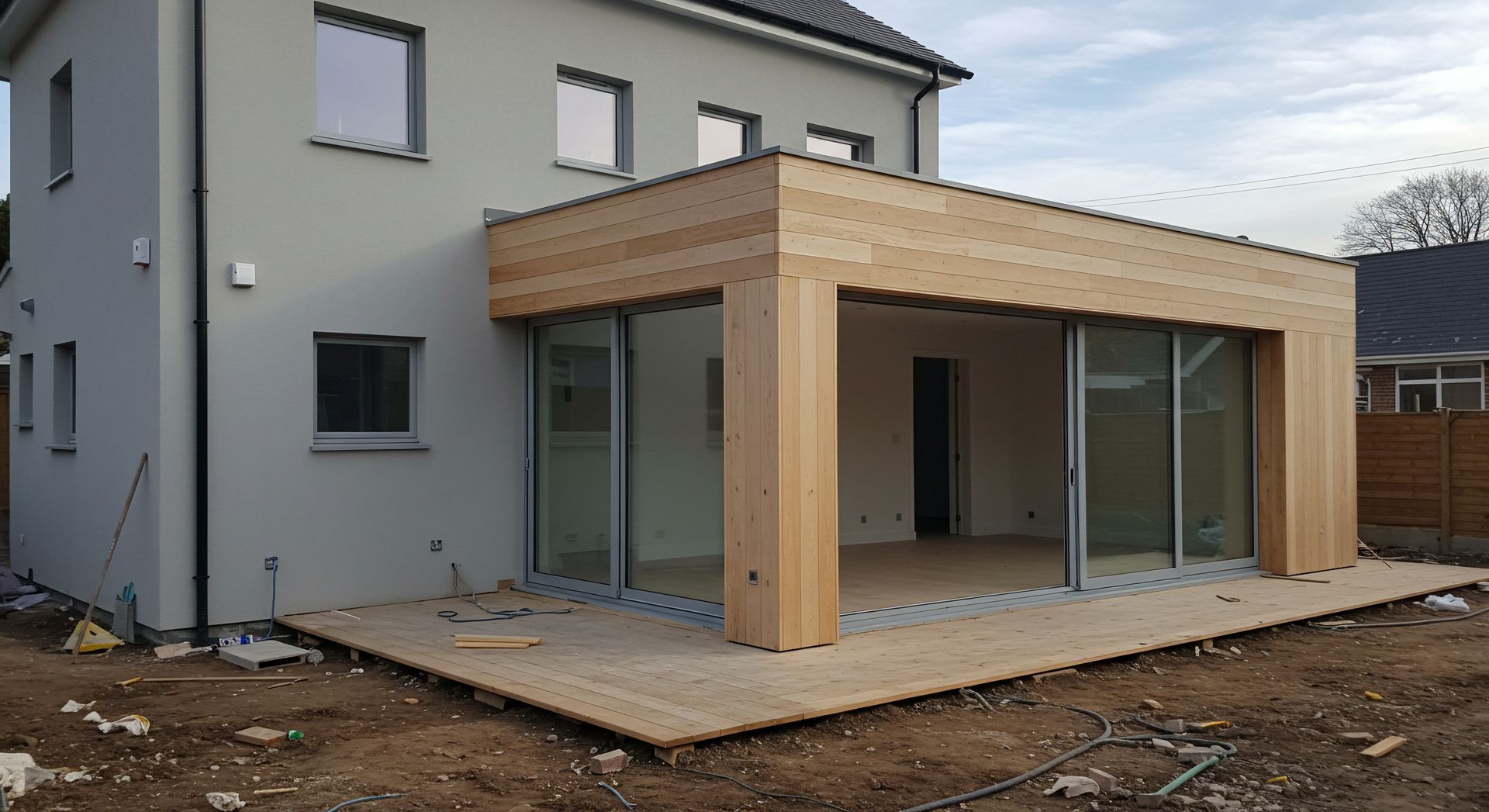 Extension d'une maison avec des baies vitrées et un bardage en bois.