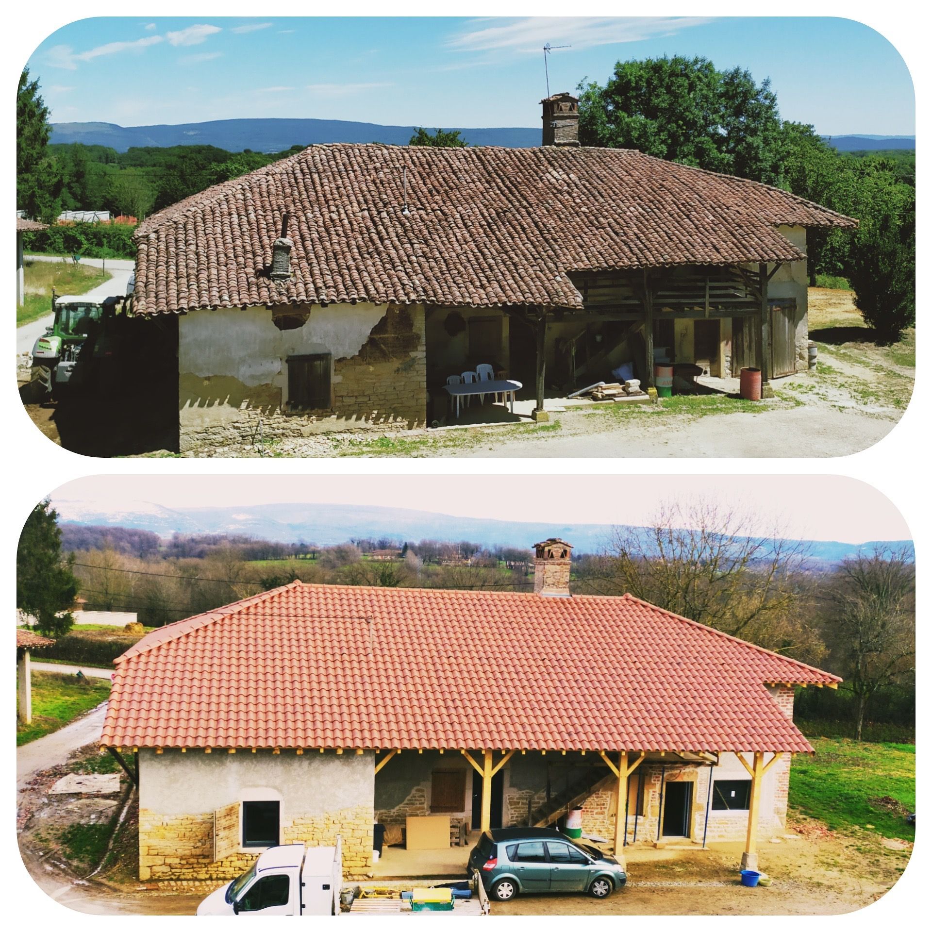 Un avant-après entre une toiture ancienne et une toiture neuve.