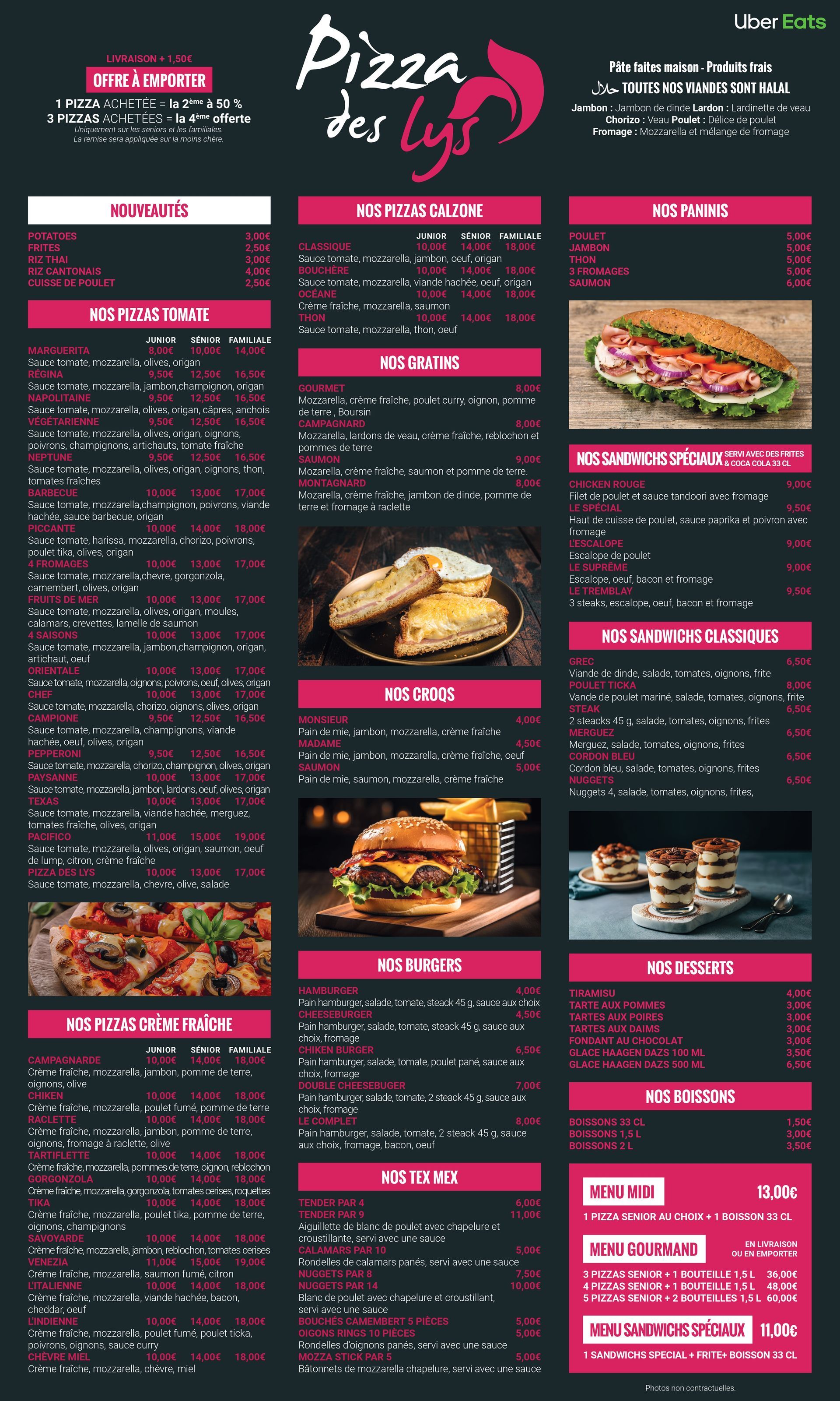 Carte des pizza et des salades