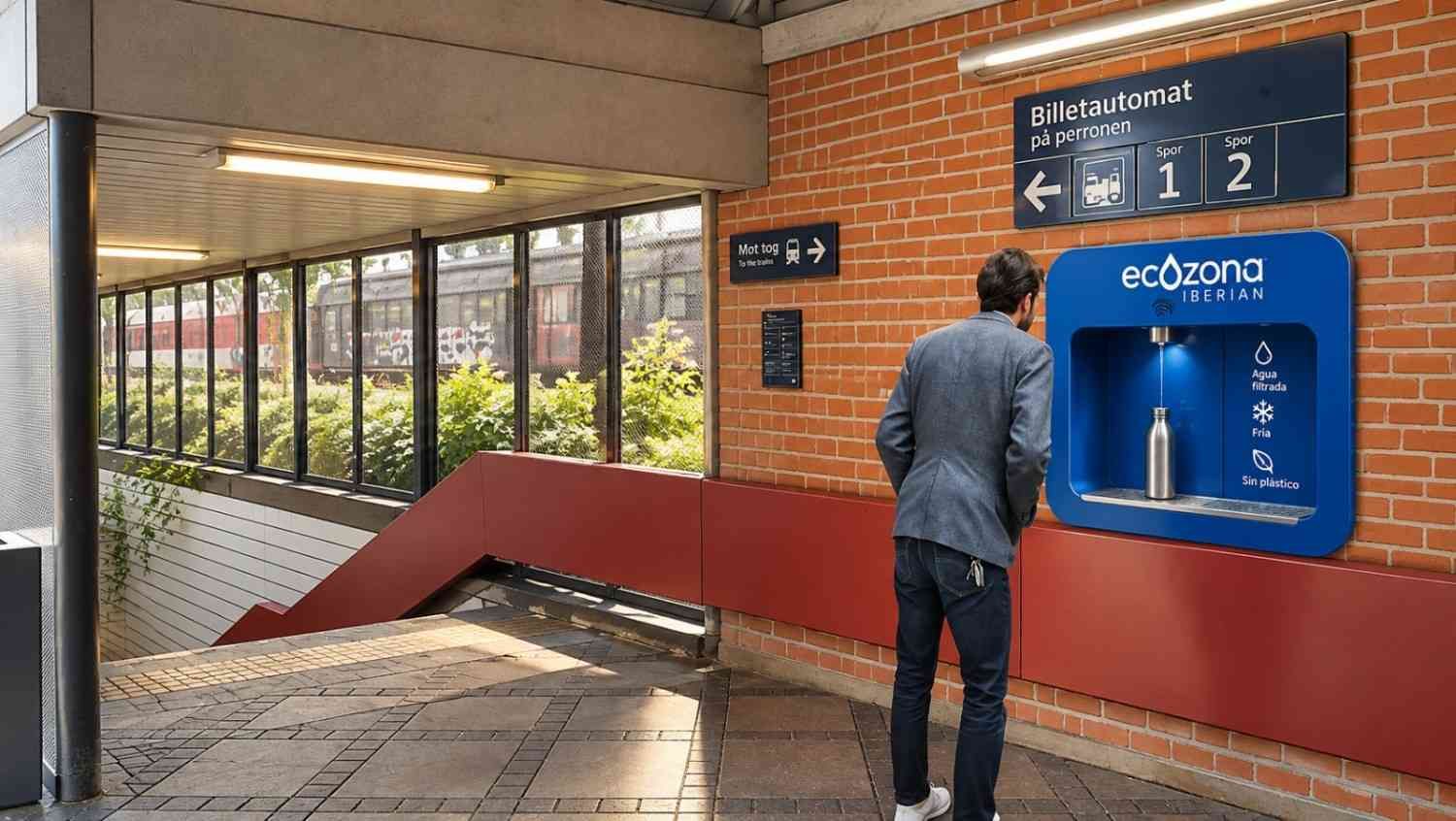Expositor promocional de dispensador de agua con gráficos azules y apertura de acero inoxidable.