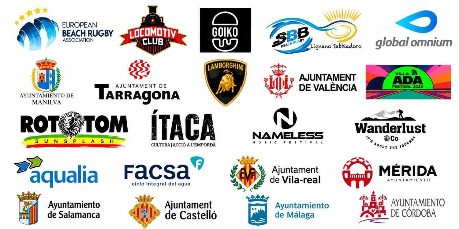 Collage de 12 logotipos de turismo y viajes de ciudades costeras europeas y organizaciones