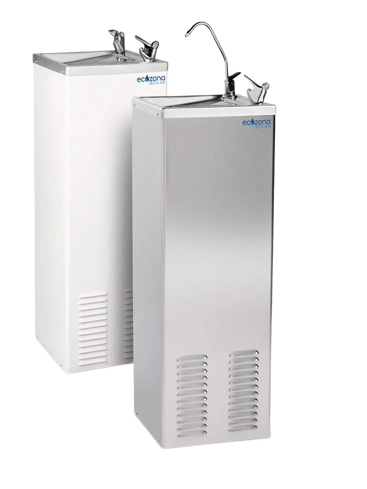 Dos dispensadores de agua plateados y blancos con grifos en la parte superior y frentes ventilados.