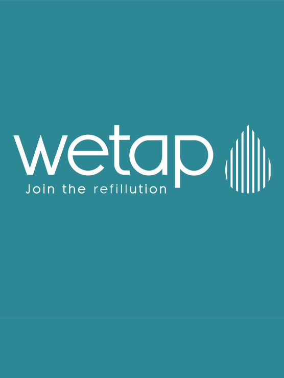 Logotipo de Wetap sobre fondo turquesa con el lema “Únete a la refillution” y un icono de gota a rayas blancas.