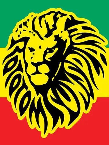Logotipo de cabeza de león negra sobre fondo verde y rojo