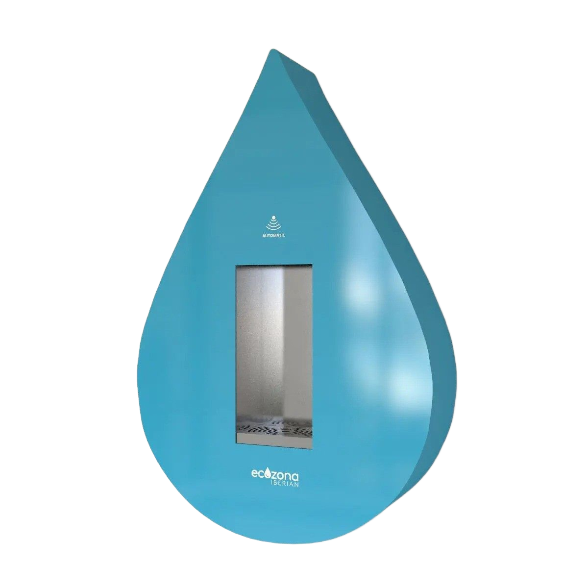 Dispensador de pared azul con forma de lágrima y una pequeña ventana rectangular con espejo.