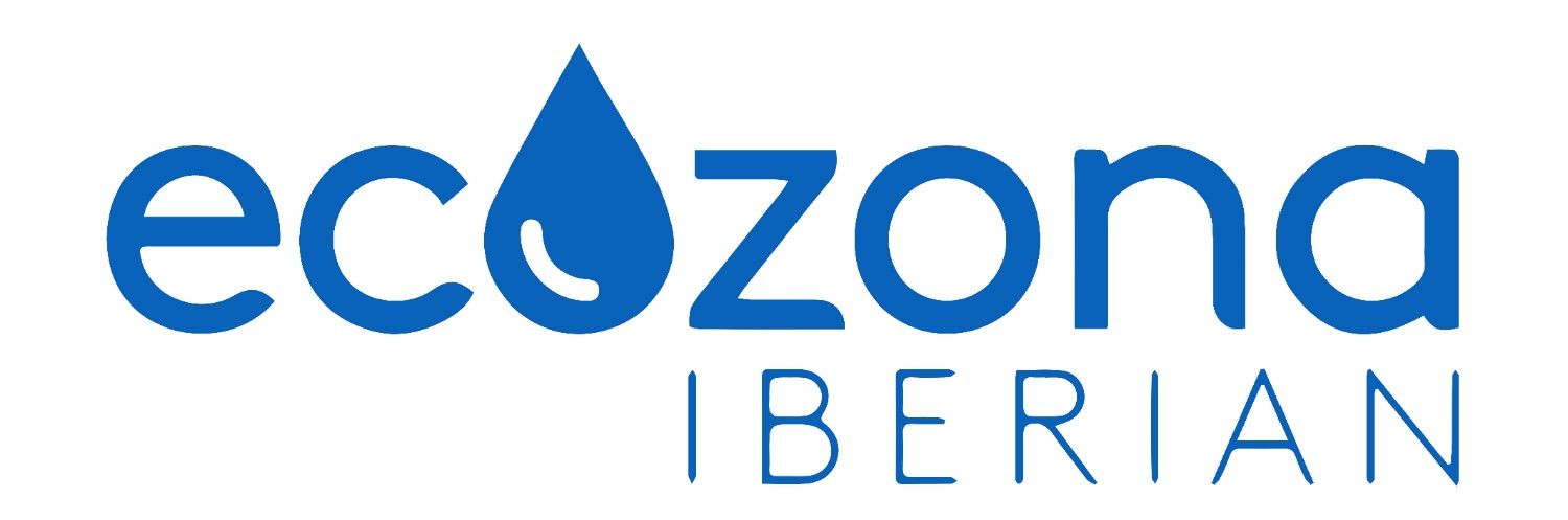 Logotipo de Ecozona Iberian en azul, con una gota de agua dentro de la «o» e «IBERIAN» debajo