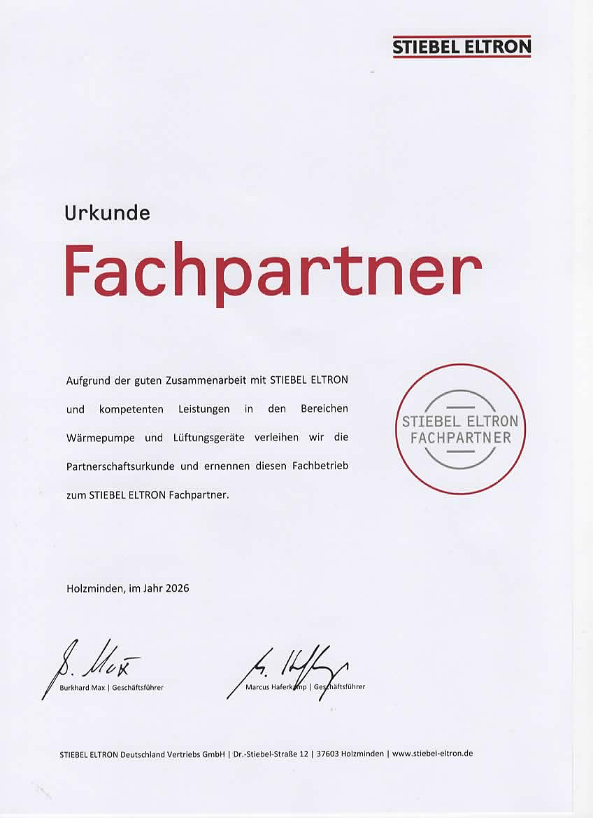 Zertifikat für Stiebel Eltron Fachpartner mit Unterschriften und Siegel.