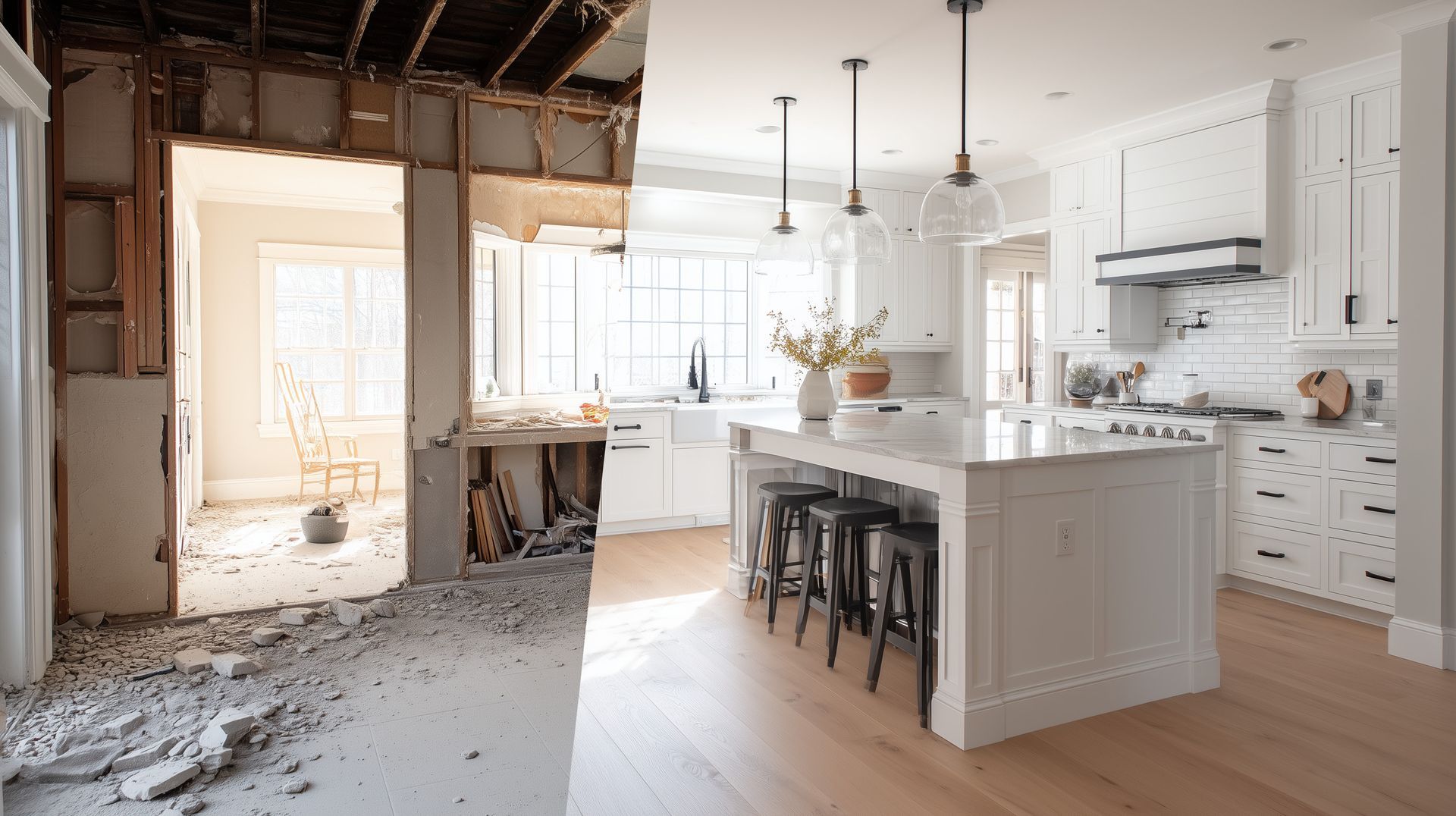 Avant et après une rénovation de cuisine : une pièce abîmée à côté d’une cuisine moderne, lumineuse et blanche, avec un îlot et des suspensions lumineuses.