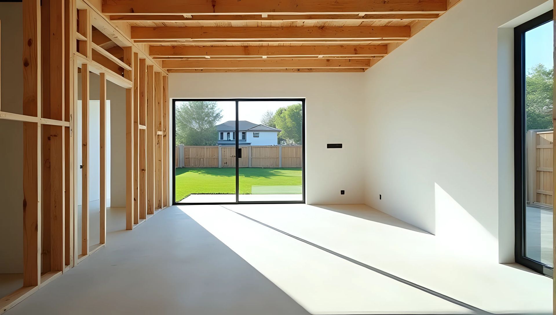 Pièce moderne inachevée avec des poutres en bois apparentes, des murs blancs et la lumière du soleil qui pénètre par de grandes portes vitrées.