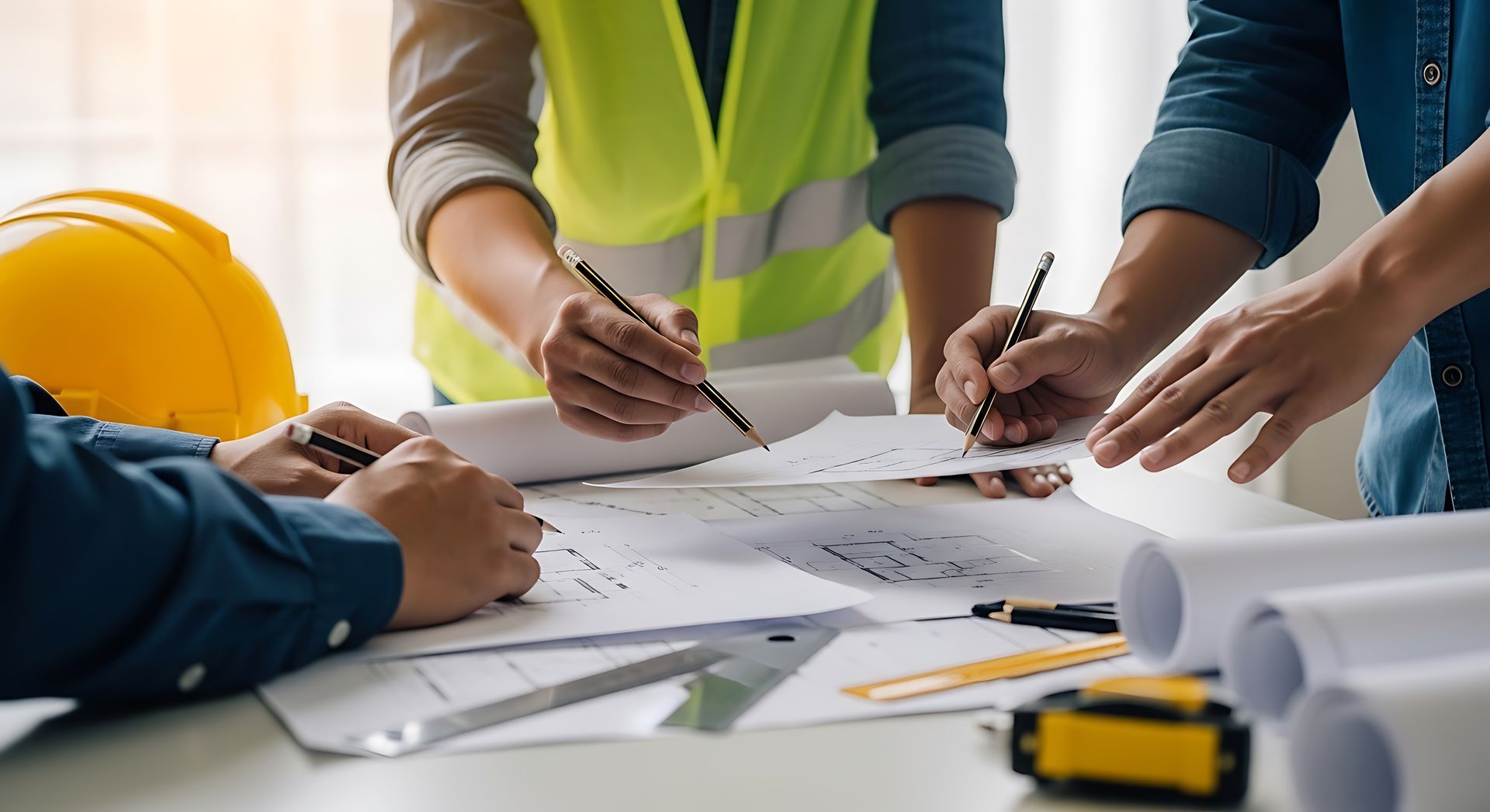 Des membres de l’équipe en gilet de sécurité examinent des plans sur un chantier.