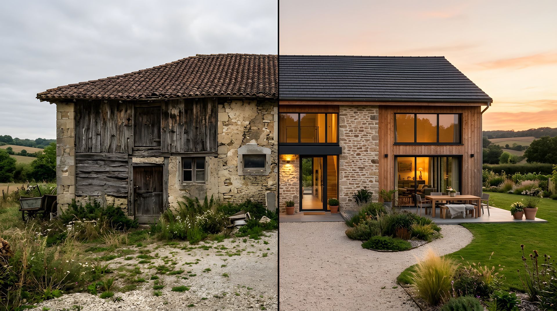 Extérieur d’une ferme rustique en pierre, partagé entre une façade ancienne patinée par le temps et une partie extension moderne en verre, au coucher du soleil.