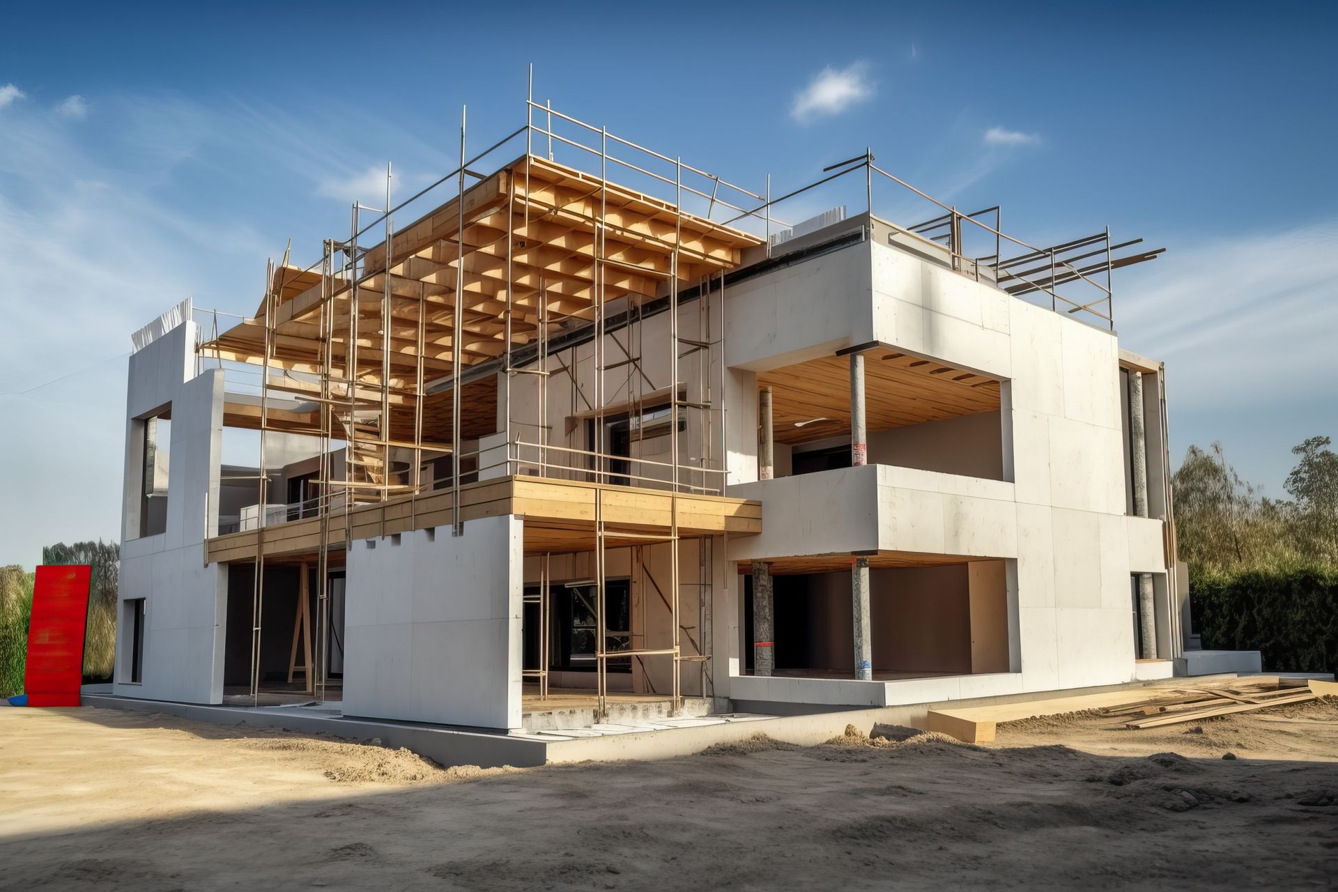 Maison moderne en cours de construction, avec un échafaudage et une charpente en bois sous un ciel bleu.