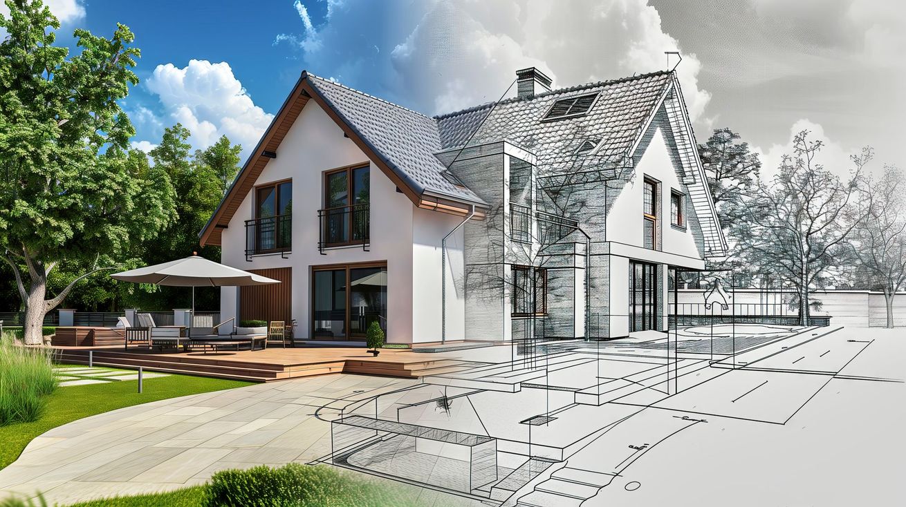 Maison moderne blanche avec des fenêtres à cadres noirs et une terrasse en bois dans un jardin paysager ensoleillé.
