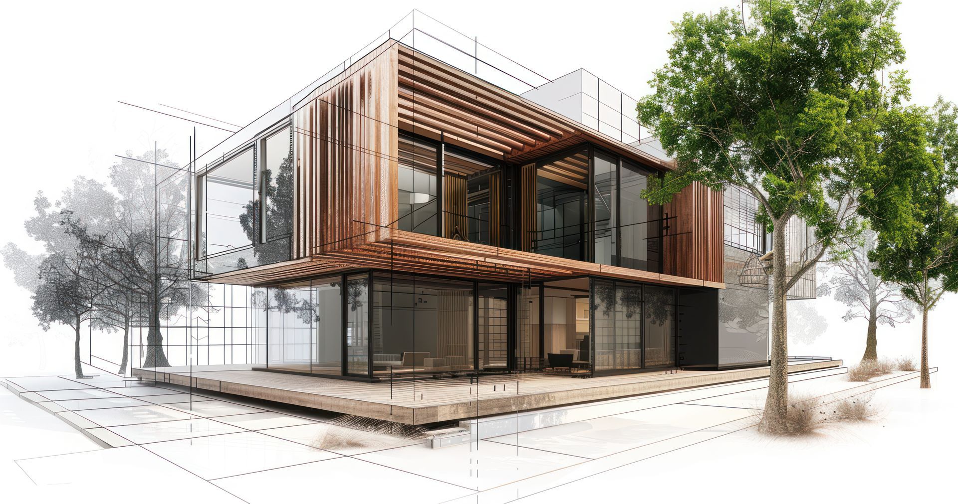 Dessin d'une maison moderne en verre à deux étages, avec un balcon en bois, entourée de quelques arbres dans un paysage minimaliste.