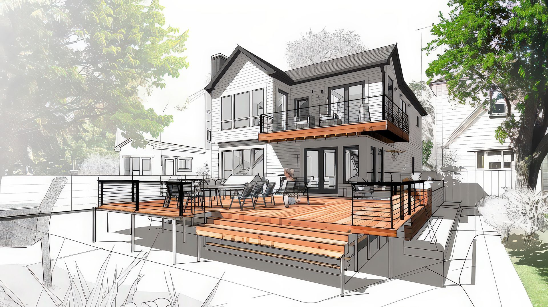 Maison moderne à deux étages avec une grande terrasse en bois et un coin salon extérieur, dans un quartier bordé d’arbres.
