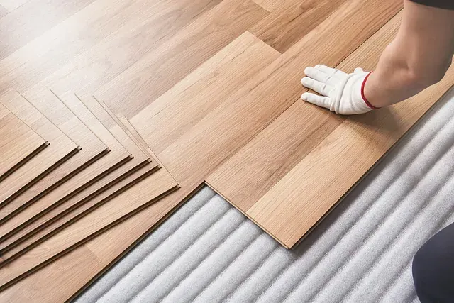 Una persona está instalando un piso de madera en una habitación.