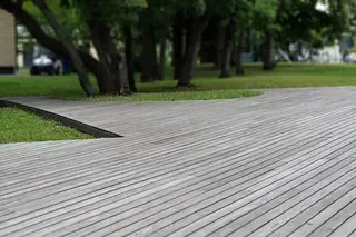 Una pasarela de madera en un parque con árboles al fondo.