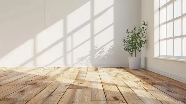 Una habitación vacía con suelo de madera y una planta en maceta.