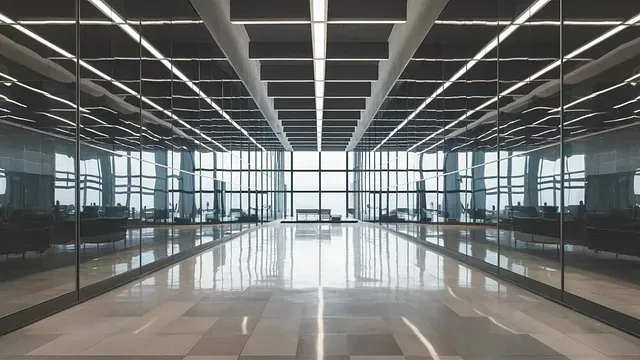 Un gran edificio de oficinas vacío con muchas ventanas y muchas luces.