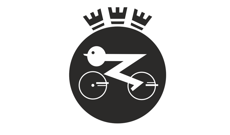Weißes, vogelähnliches Radfahrerlogo in einem schwarzen Kreis mit einer Krone darüber