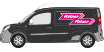 Schwarzer Lieferwagen mit weißem und magentafarbenem „Möllner Fixer“-Logo an der Seite