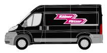Schwarzer Lieferwagen mit rosa-weißem Kölner Flitzer Logo an der Seite