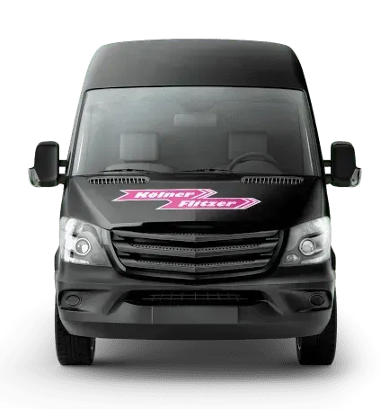 Schwarzer Lieferwagen Schwarzer Lieferwagen mit pinkfarbenem Logo auf der Motorhaube, Vorderansicht vor weißem Hintergrund