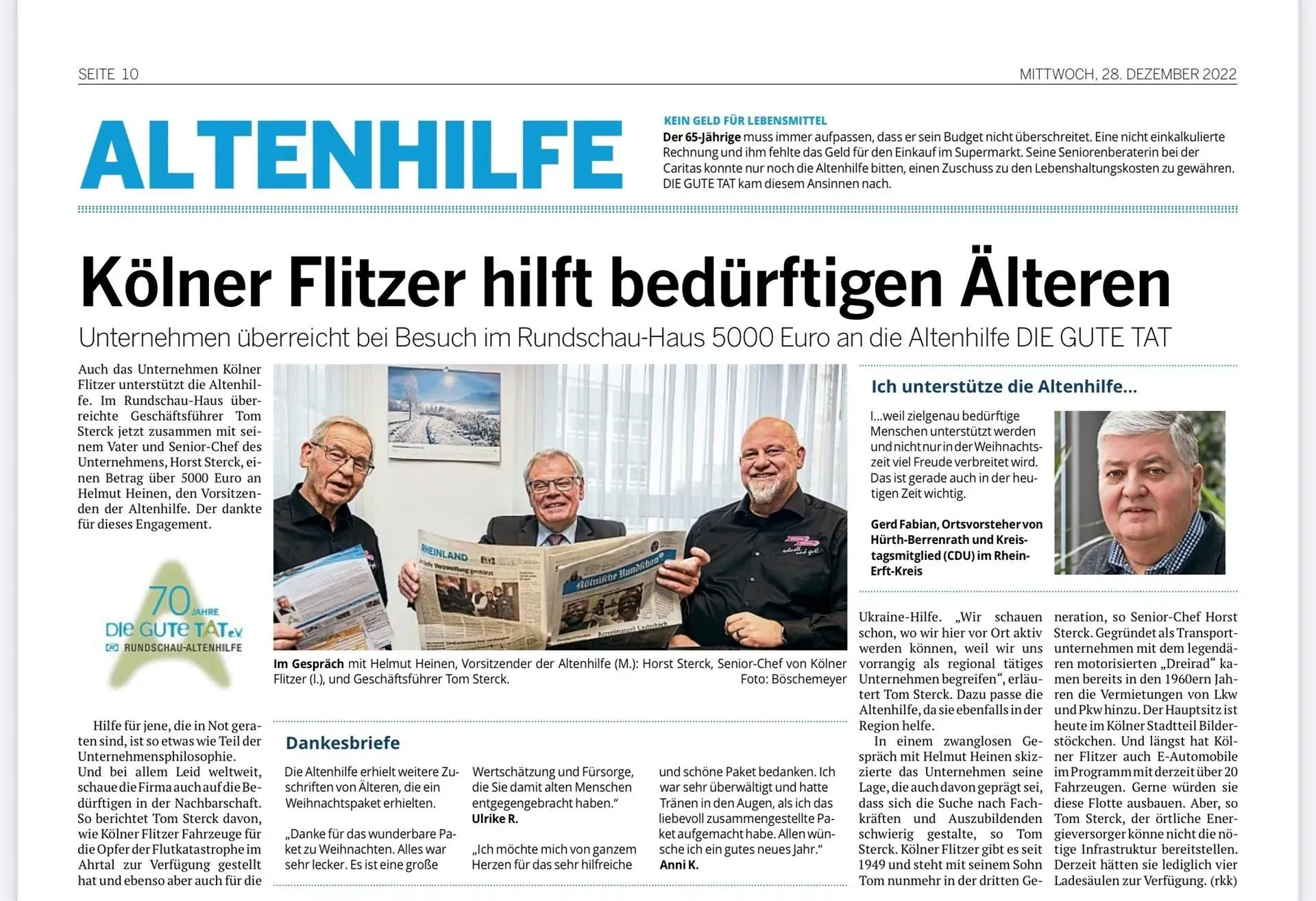 Titelseite einer deutschen Zeitung über den Kölner Freiwilligen Fritz, der älteren Menschen hilft, mit Fotos und Artikeltext