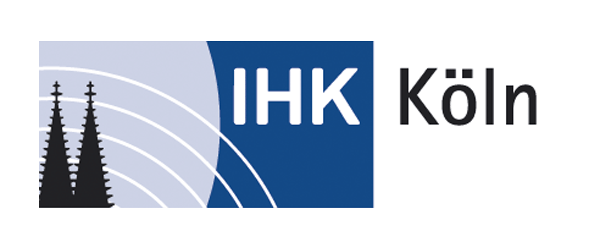 IHK Köln Logo mit blau-weißem Hintergrund und stilisierten Kölner Domsilhouetten
