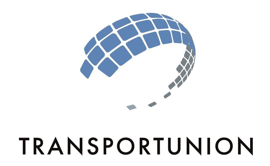 Logo der Transportgewerkschaft mit blauem, geschwungenem Mosaik über dem Wort „TRANSPORTUNION“